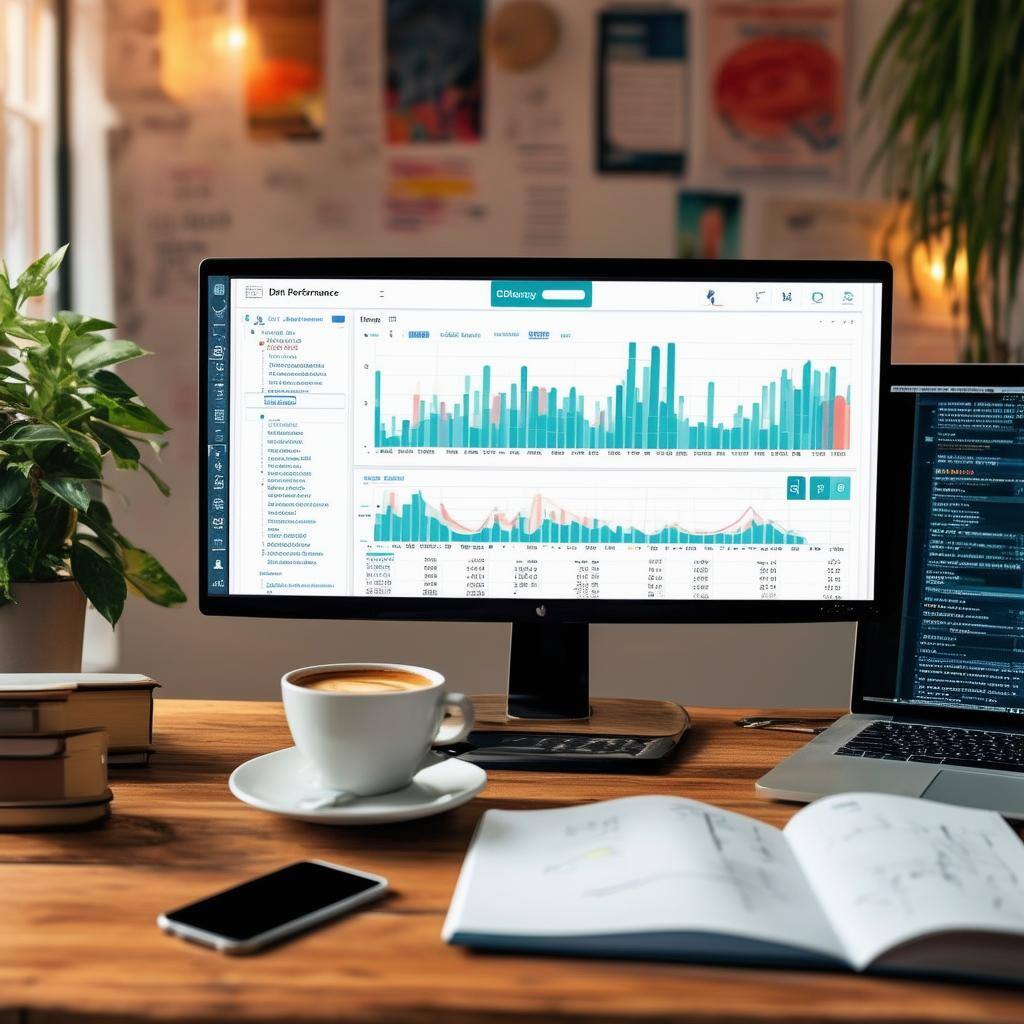 The image depicts a sleek, modern workspace featuring a large, highresolution monitor displaying a vibrant graph illustrating CDN performance metrics