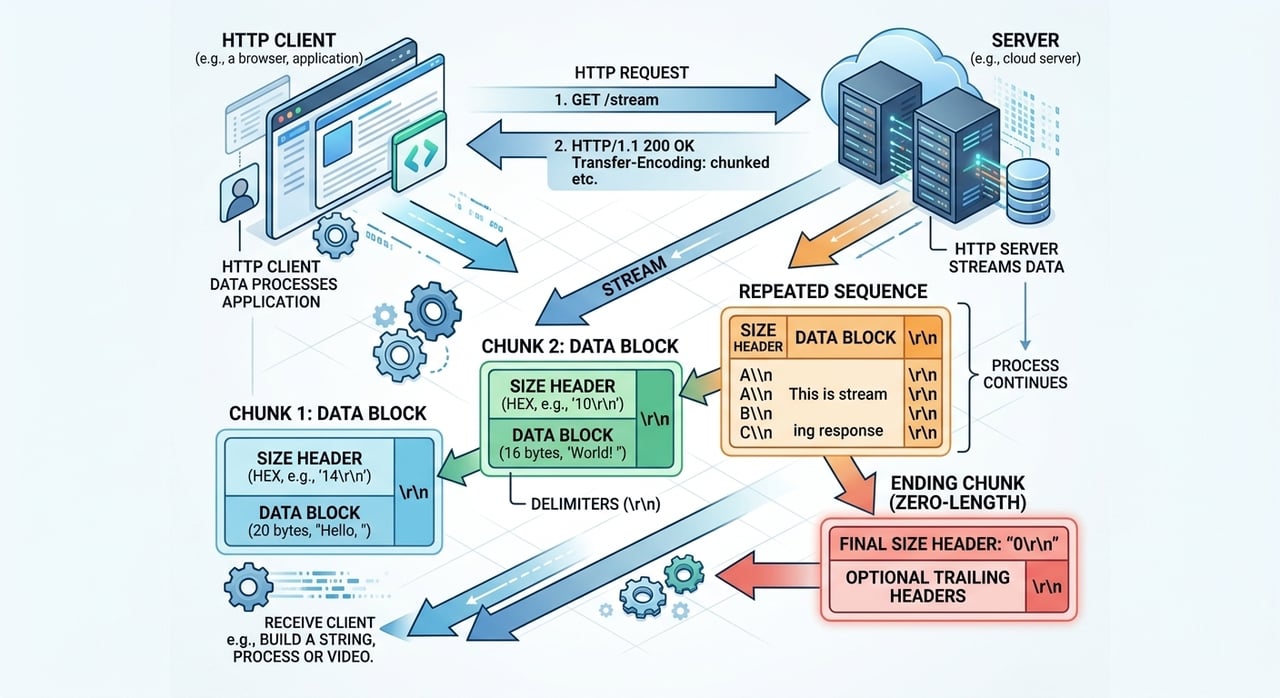 Diagram of chunked transfer encoding streaming an HTTP response from origin through a reverse proxy and CDN edge to a browser client