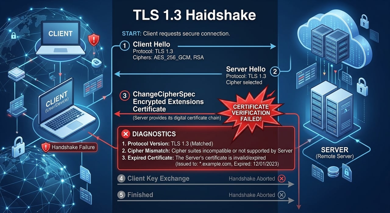 Engineer diagnosing a TLS handshake failure by comparing client alert codes and server certificate chain errors