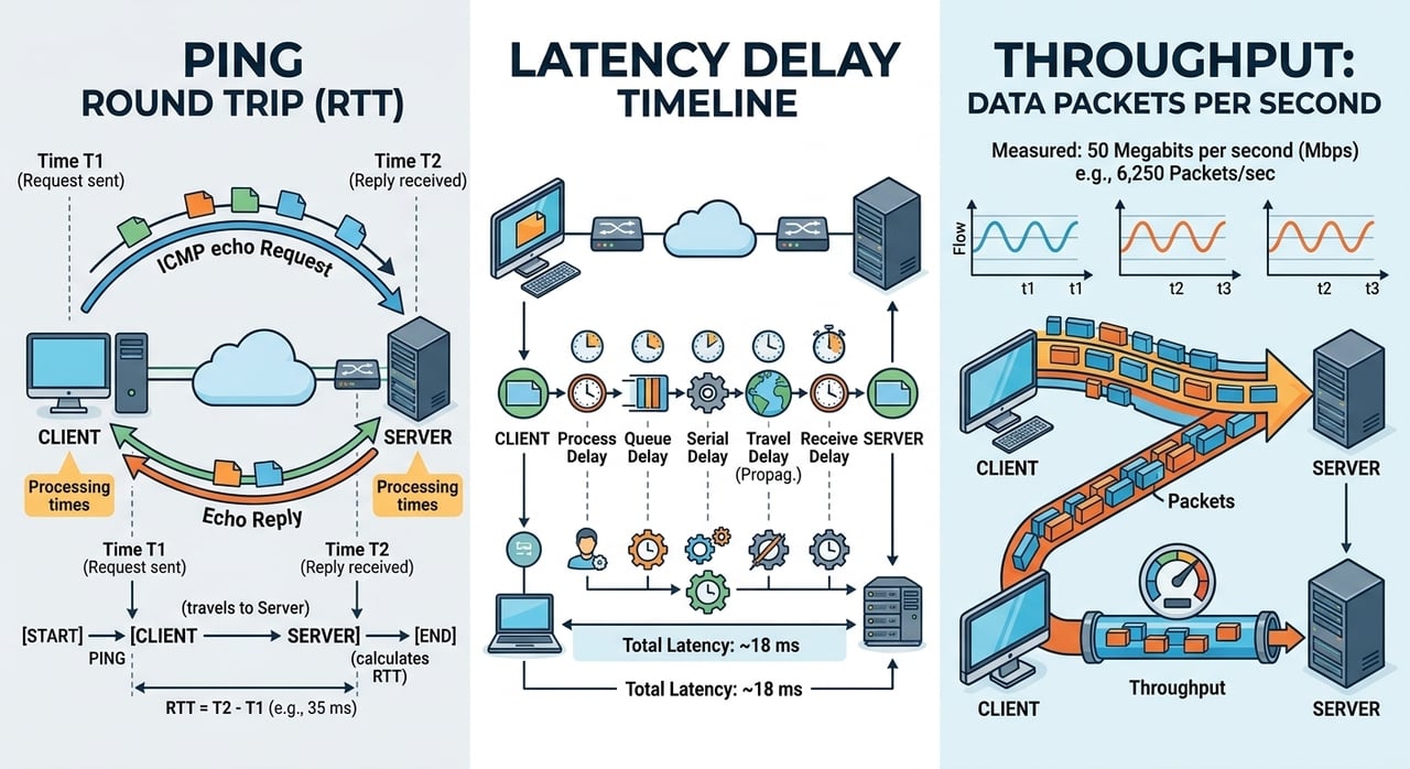 Ping vs latency vs throughput comparison chart for network latency measurement and CDN performance testing
