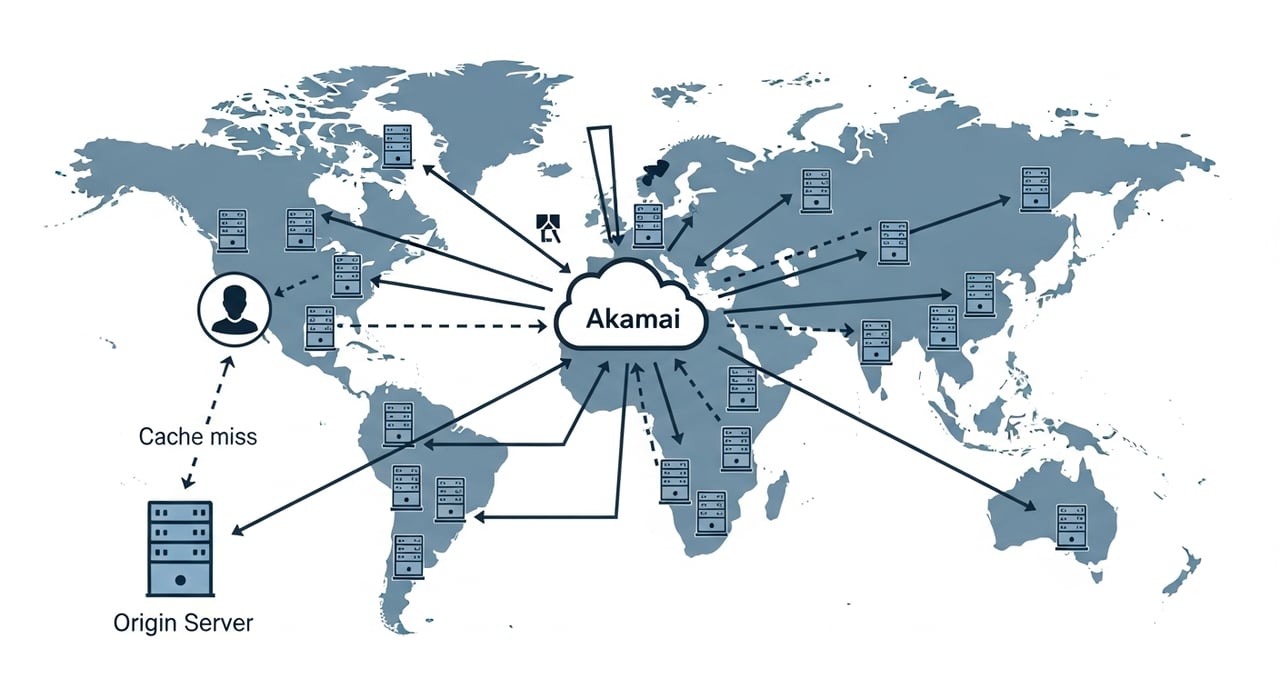 Akamai CDN architecture diagram showing edge, midgress, and origin tiers