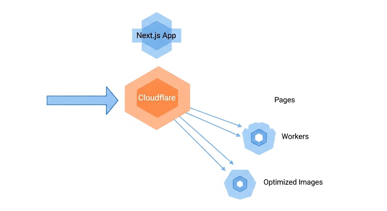 Next.js on Cloudflare deployment architecture diagram showing Pages, Workers, and Images