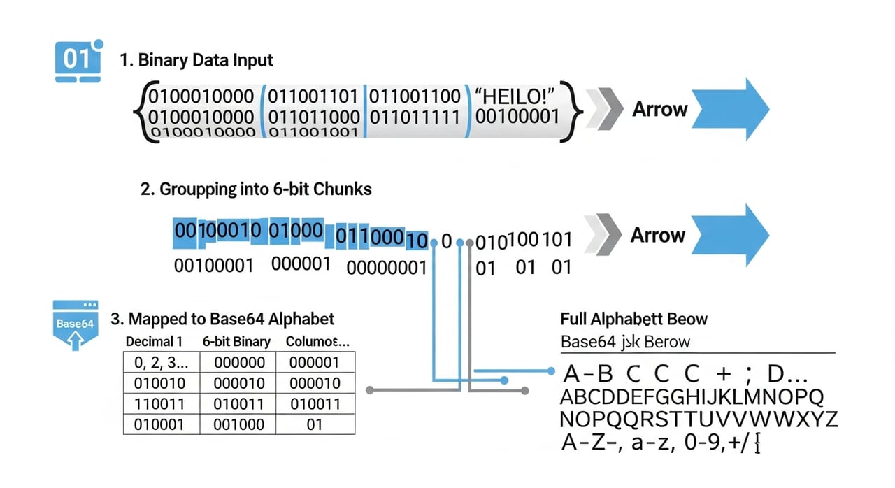 Diagram explaining what is Base64 encoding and how it converts binary bytes into text characters