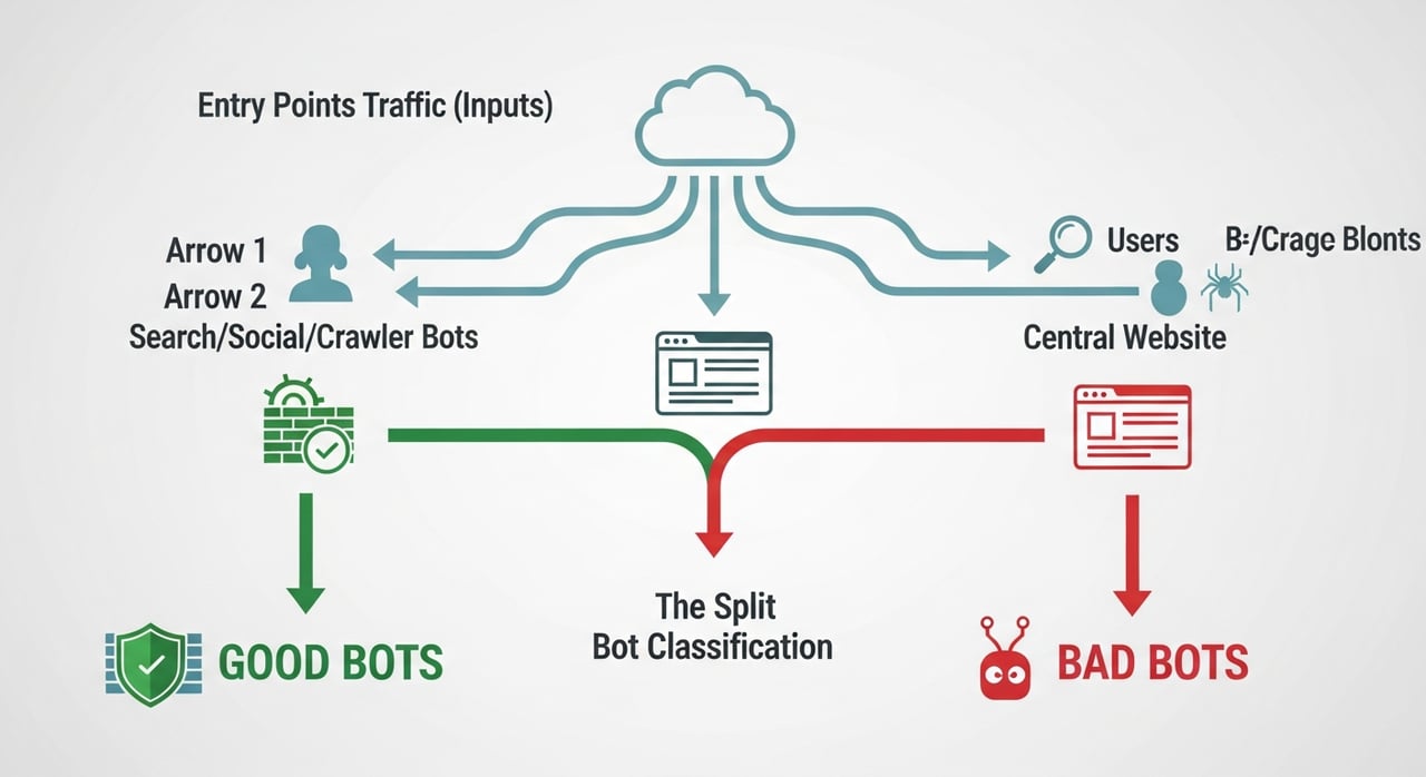 Diagram explaining what bots are and how good bots versus bad bots generate web bot traffic