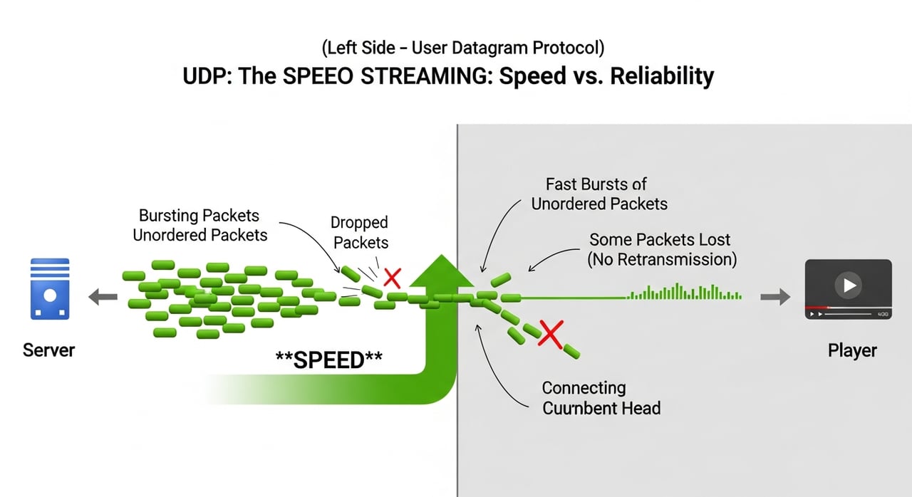 UDP vs TCP comparison for video streaming and CDN delivery, including QUIC and HTTP/3 transport paths