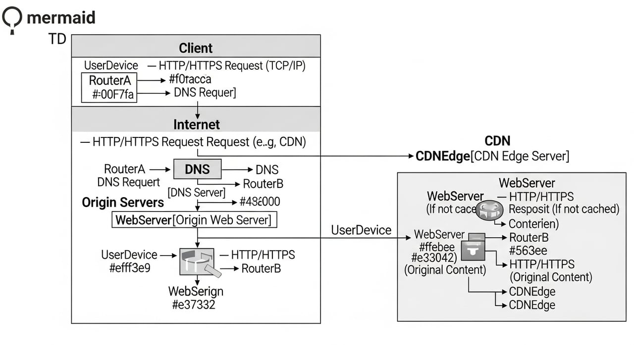 Diagram of network protocols behind content delivery showing DNS, TCP, QUIC, TLS and the HTTP protocol stack
