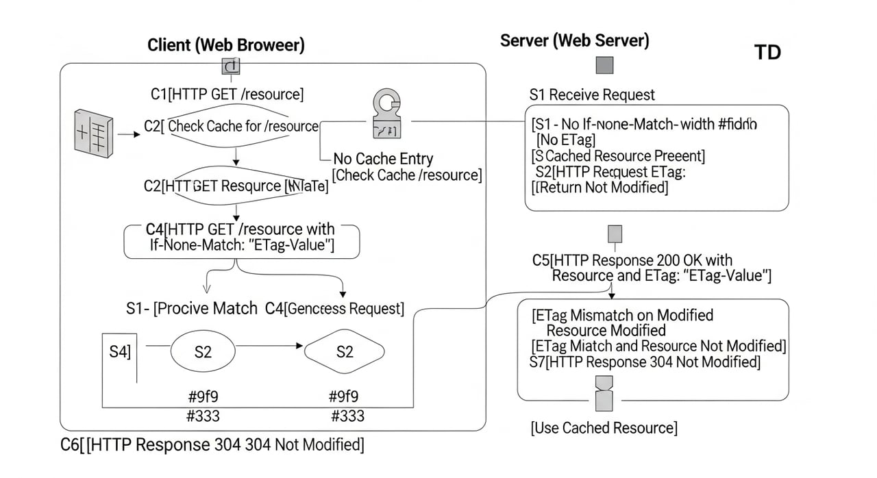 Diagram of HTTP ETag cache validation showing If-None-Match request and 304 Not Modified response between browser, CDN edge and origin
