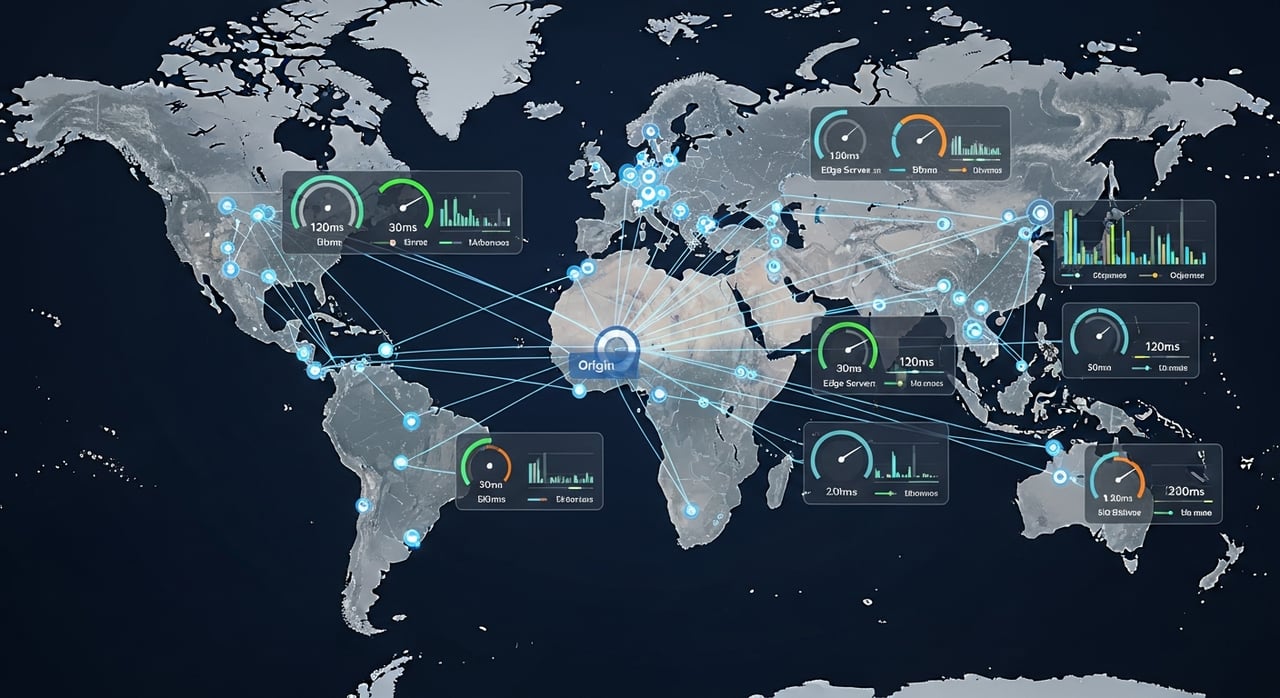 Engineer running a CDN latency test from multiple regions with percentile charts for TTFB and throughput