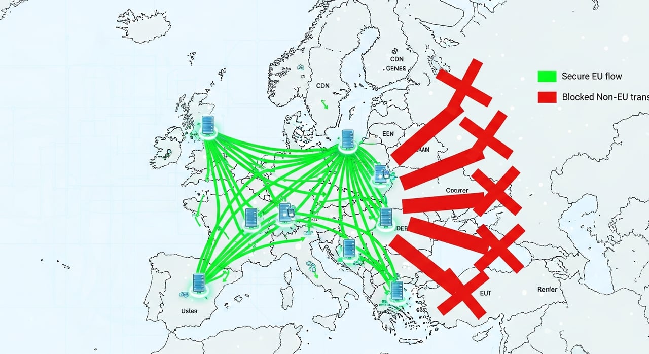 Diagram of GDPR CDN data residency showing EU edge caching, log storage regions and sub-processor data flows