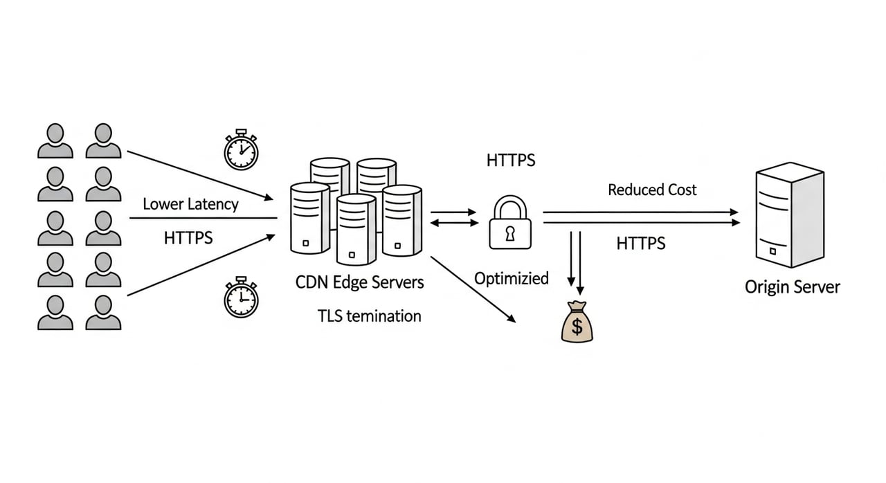 Diagram of TLS termination at the CDN edge showing handshake round trips between client, edge node, and origin