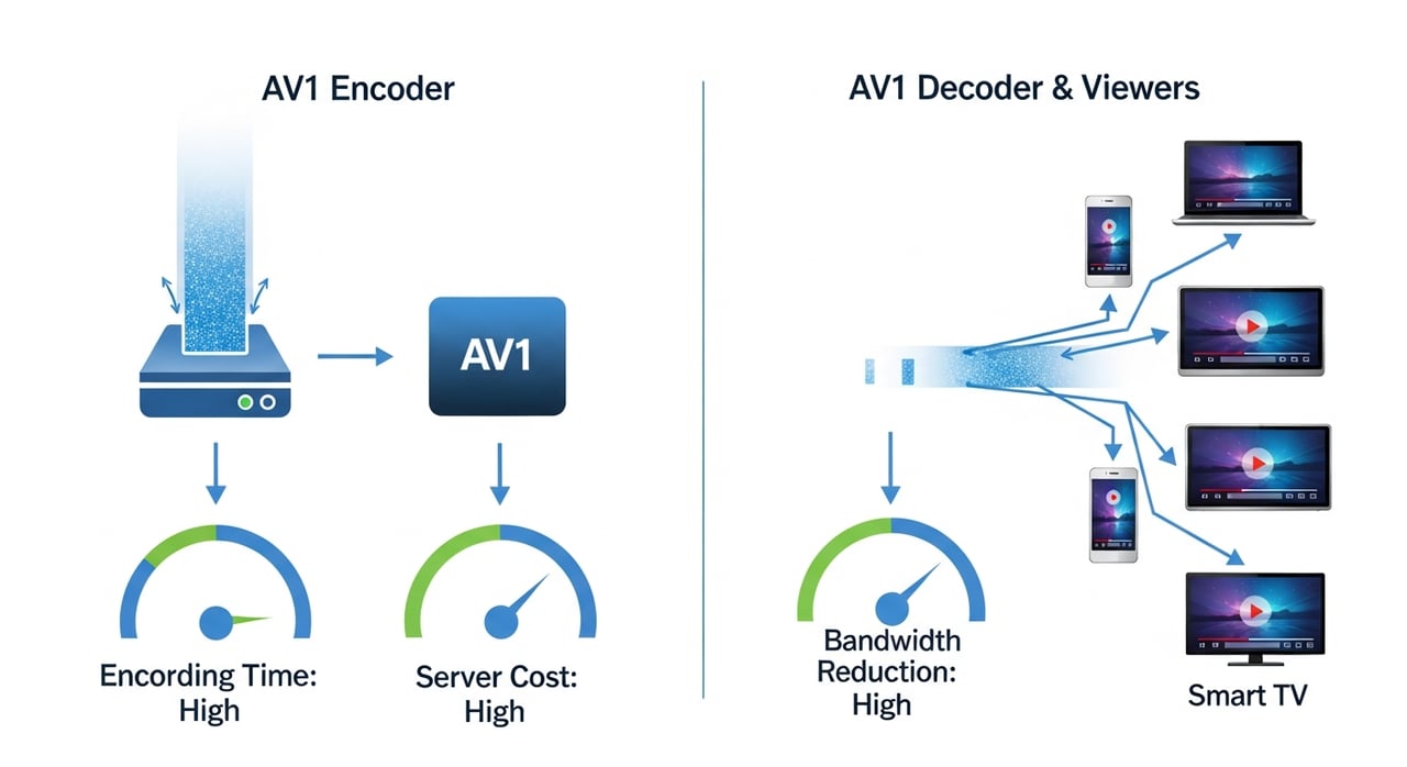 AV1 codec for streaming compared with HEVC and H.264 on bandwidth savings versus encoding cost