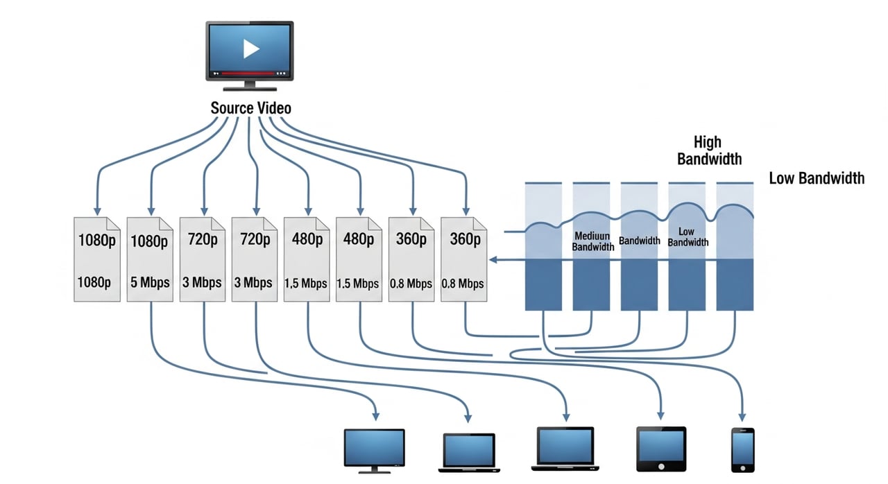 Diagram of an adaptive bitrate ladder showing seven encoding rungs from 400 kbps to 6 Mbps used in ABR streaming
