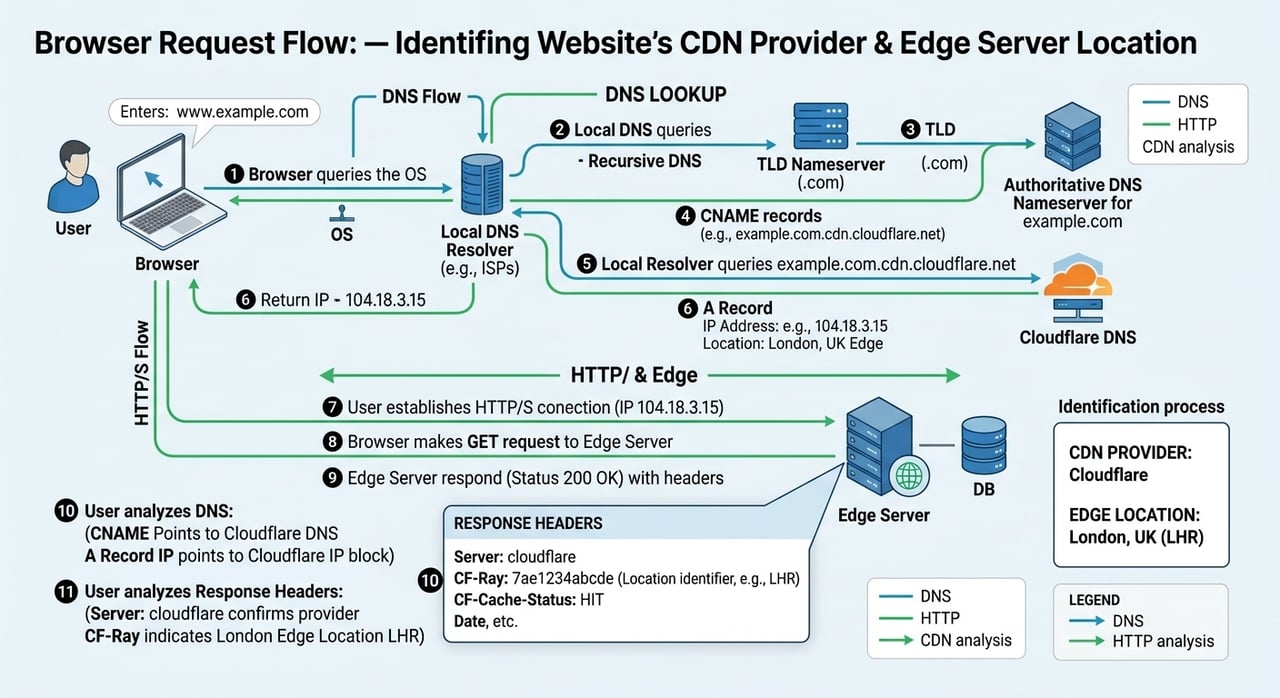 Engineer inspecting HTTP response headers and DNS records to check which CDN a website uses