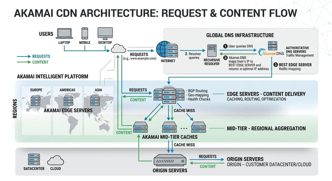 Akamai CDN architecture diagram showing edge network, DNS mapping system and tiered caching layers between client and origin