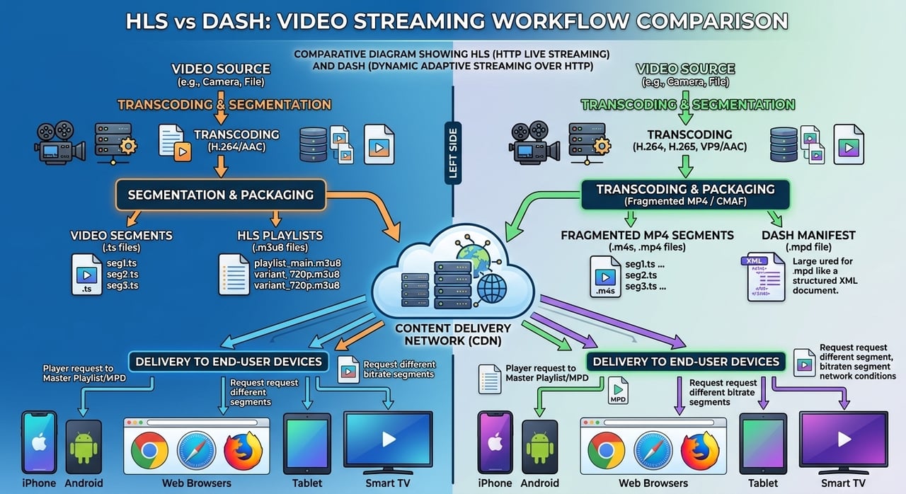 HLS vs DASH streaming protocol comparison showing adaptive bitrate delivery from packager to CDN edge