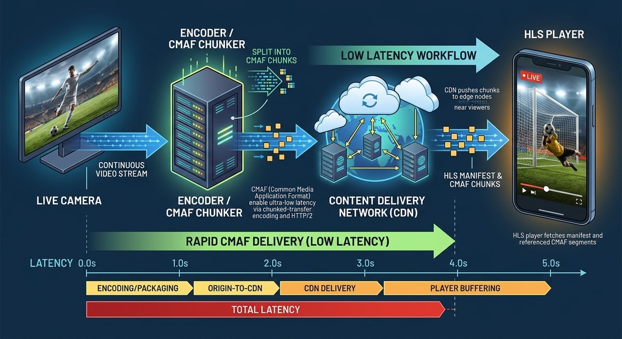 CMAF and Low-Latency HLS pipeline showing chunked encoding from encoder through packager and CDN edge to player