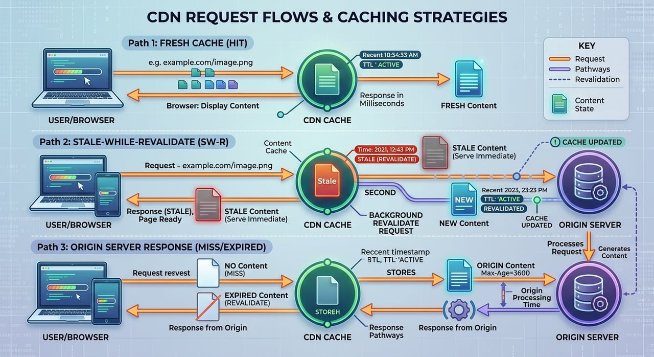 Cache-Control and stale-while-revalidate directives controlling CDN edge caching and origin revalidation flow