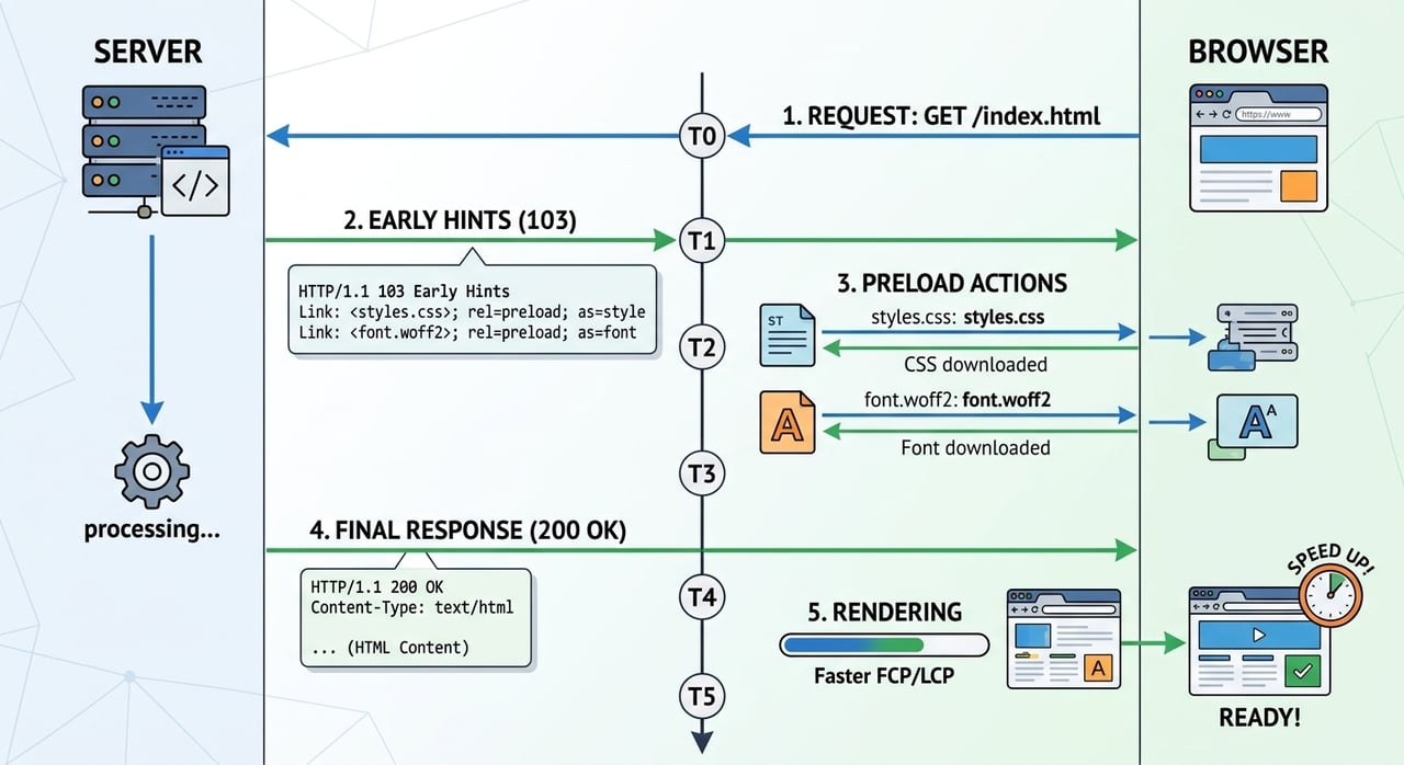 Diagram of HTTP 103 Early Hints sending preload headers before the final response between browser, CDN edge and origin