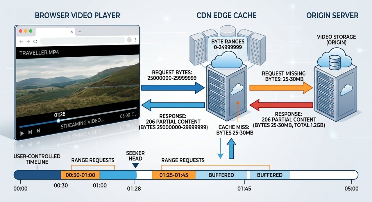 Diagram of HTTP range requests and 206 partial content caching for video seeking over a CDN