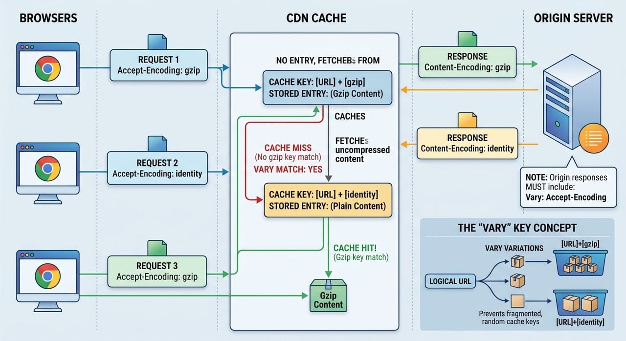 Diagram of Vary header cache fragmentation on a CDN edge, showing one URL split into multiple cached variants