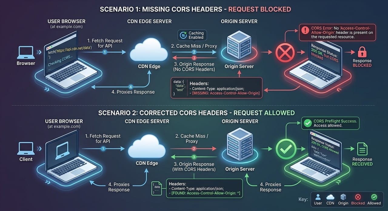 Diagram of CORS headers between a browser, a CDN edge cache and an origin, showing Vary Origin and preflight caching for CDN CORS headers