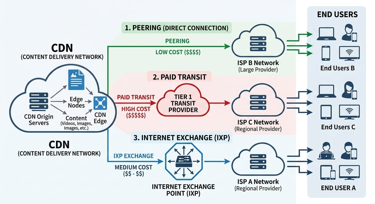 Diagram-style illustration of CDN peering, IP transit and internet exchange peering paths that determine bandwidth cost per terabyte