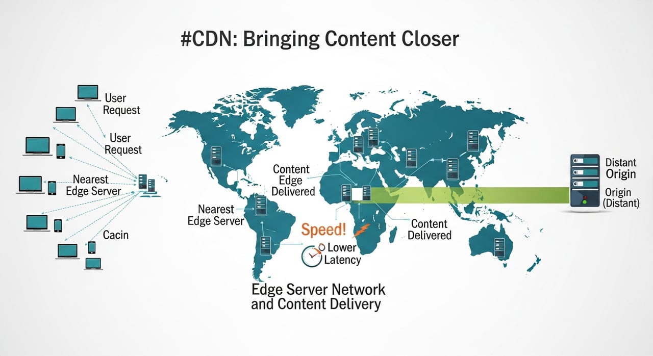 Diagram of a CDN service caching content on edge servers worldwide to reduce latency
