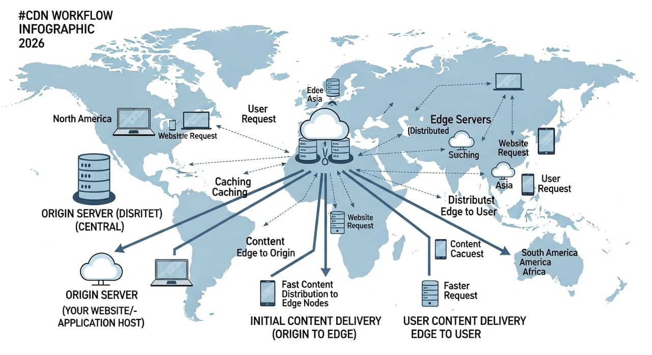 Diagram of how a CDN service caches and delivers content from edge servers worldwide