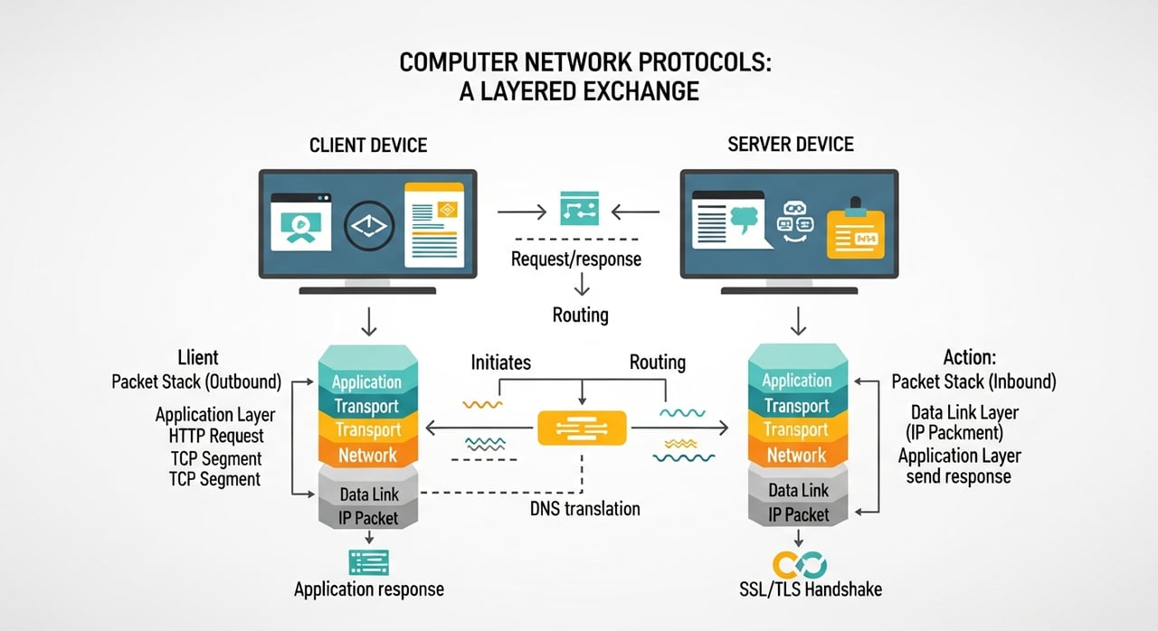 Diagram showing what is a protocol and how network protocols layer to move data between two systems