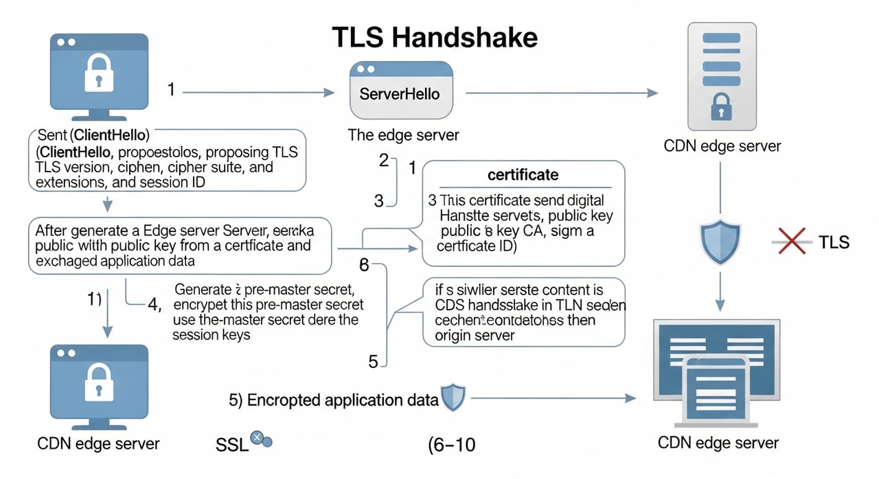Diagram of the TLS handshake and how a CDN terminates TLS encryption at the edge