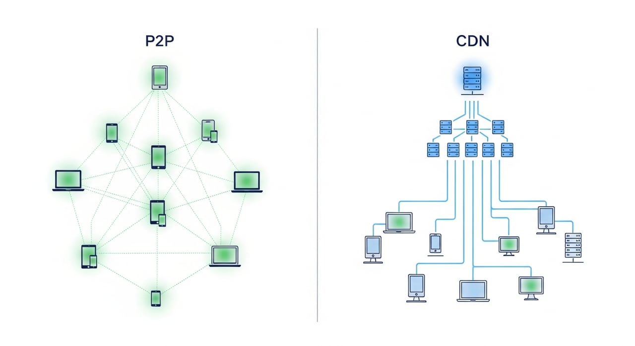P2P vs CDN architecture comparison diagram for 2026