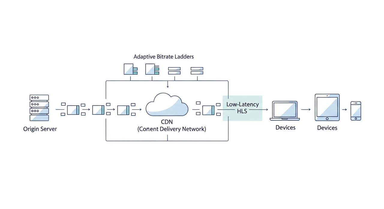Low-latency HLS CDN stream optimization diagram showing partial segments and adaptive bitrate switching