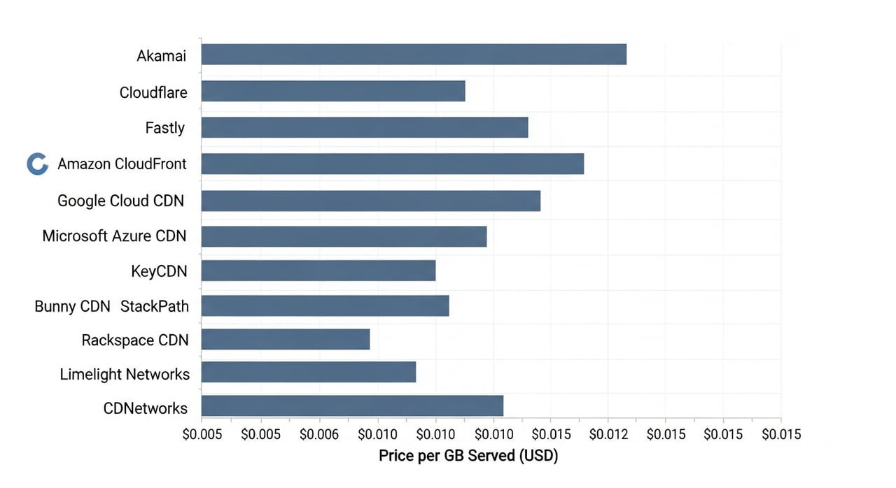 CDN pricing comparison benchmark chart for 2026 showing cost per GB across 12 providers