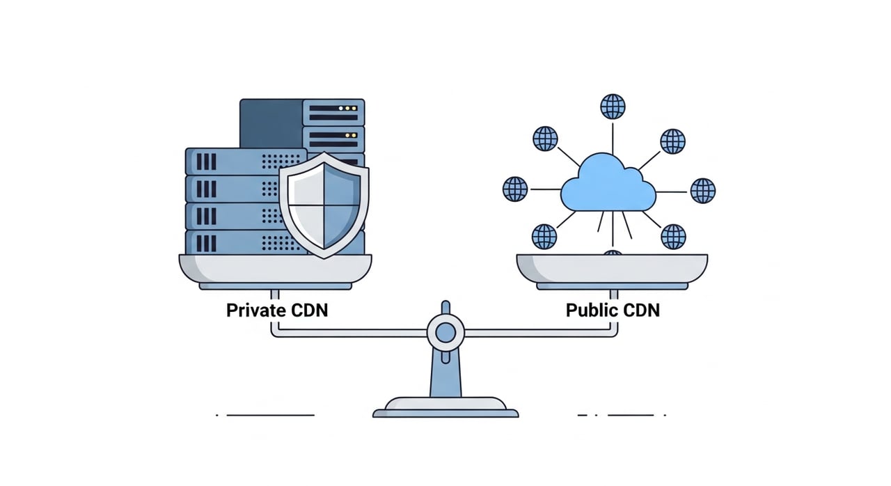 Private vs public CDN architecture comparison diagram for 2026