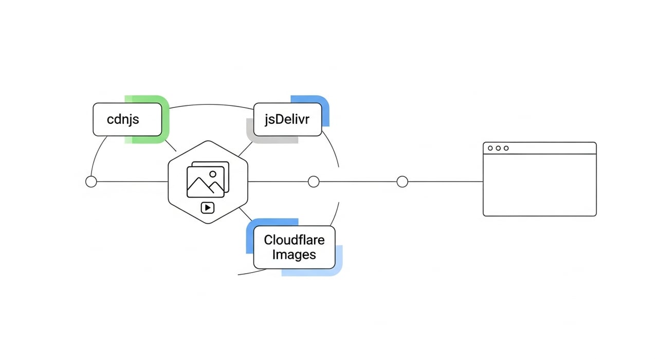 Image CDN comparison diagram showing cdnjs, jsDelivr, and Cloudflare Images architecture
