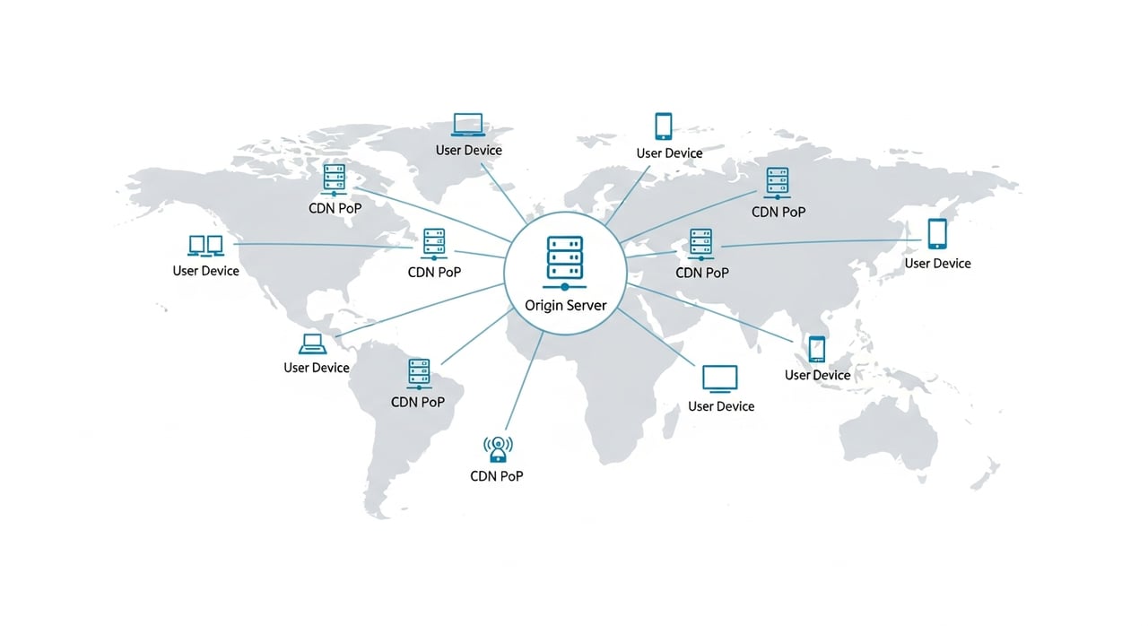 CDN point of presence architecture diagram showing edge cache layers, Anycast routing, and origin shield topology in 2026