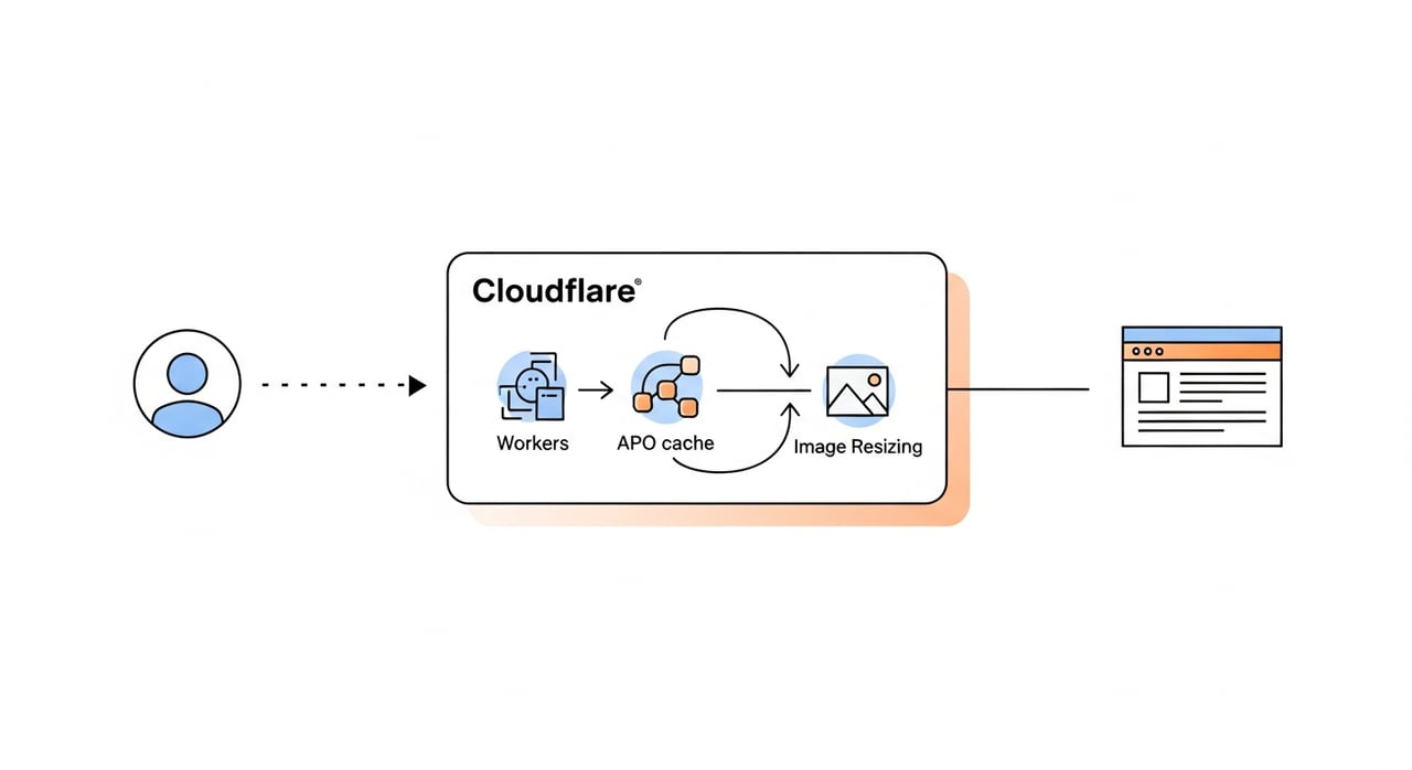 Cloudflare website optimization architecture diagram showing Workers, APO, and Image Resizing at the edge