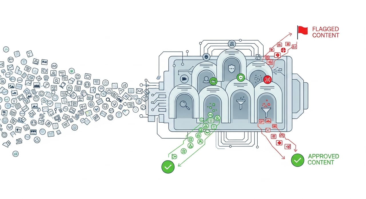 AI content moderation architecture diagram showing multimodal pipeline from ingest to edge delivery