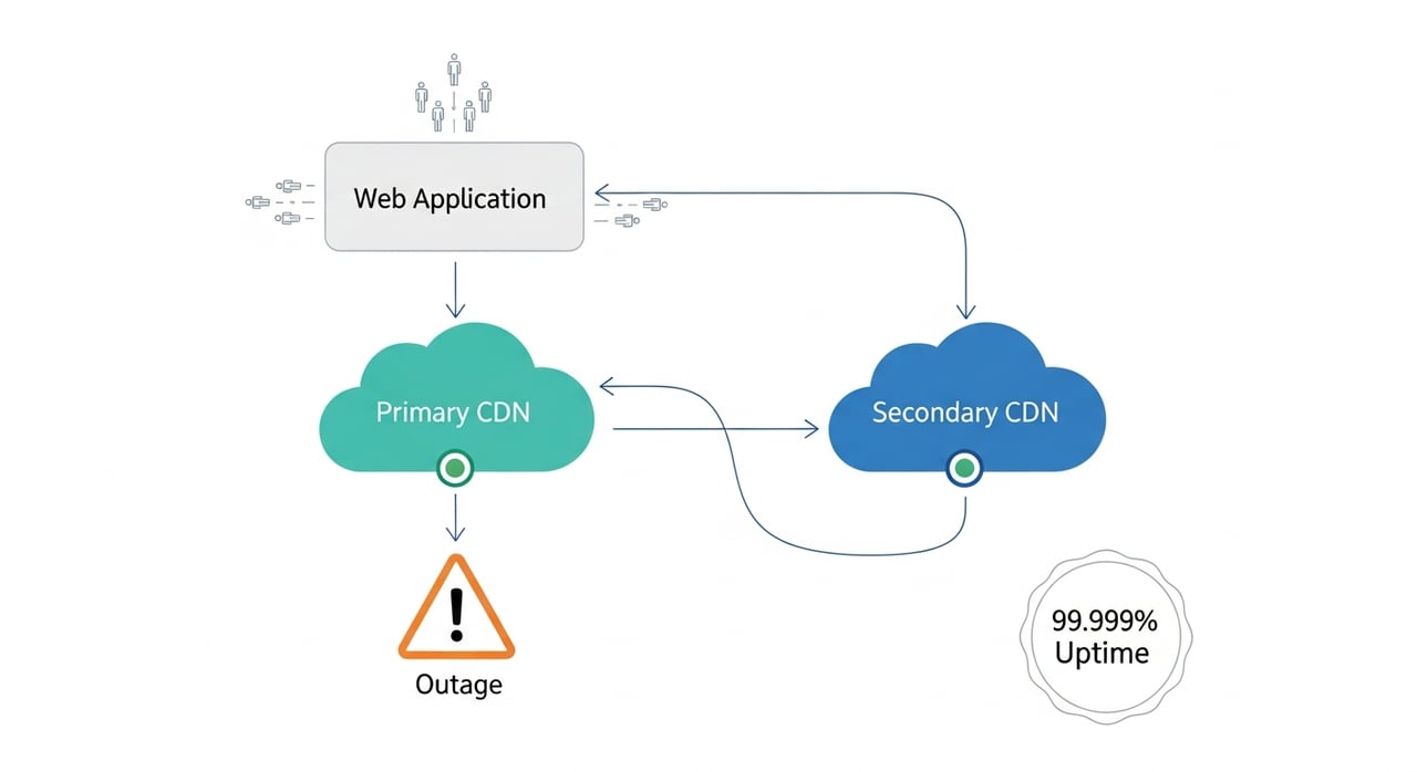 CDN failover architecture diagram showing multi-CDN traffic steering and health check patterns for five-nines uptime