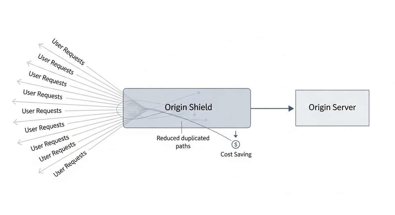 Fastly origin shield cost analysis diagram showing edge, shield, and origin traffic flows