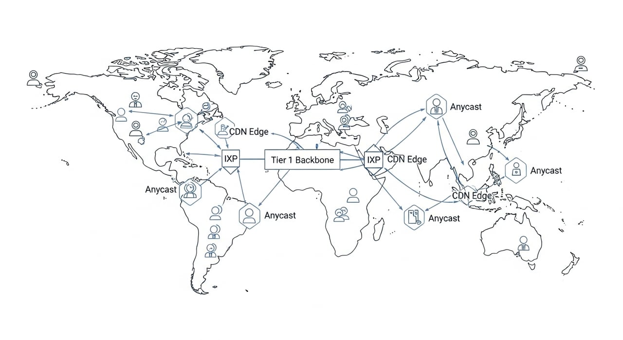 Diagram illustrating internet backbone architecture with anycast, IXPs, and Tier 1 network interconnections