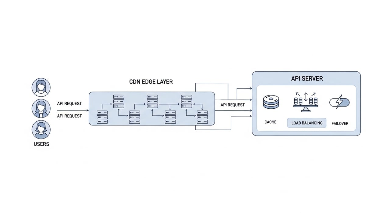 CDN for API acceleration architecture diagram showing edge cache, origin shield, and failover paths