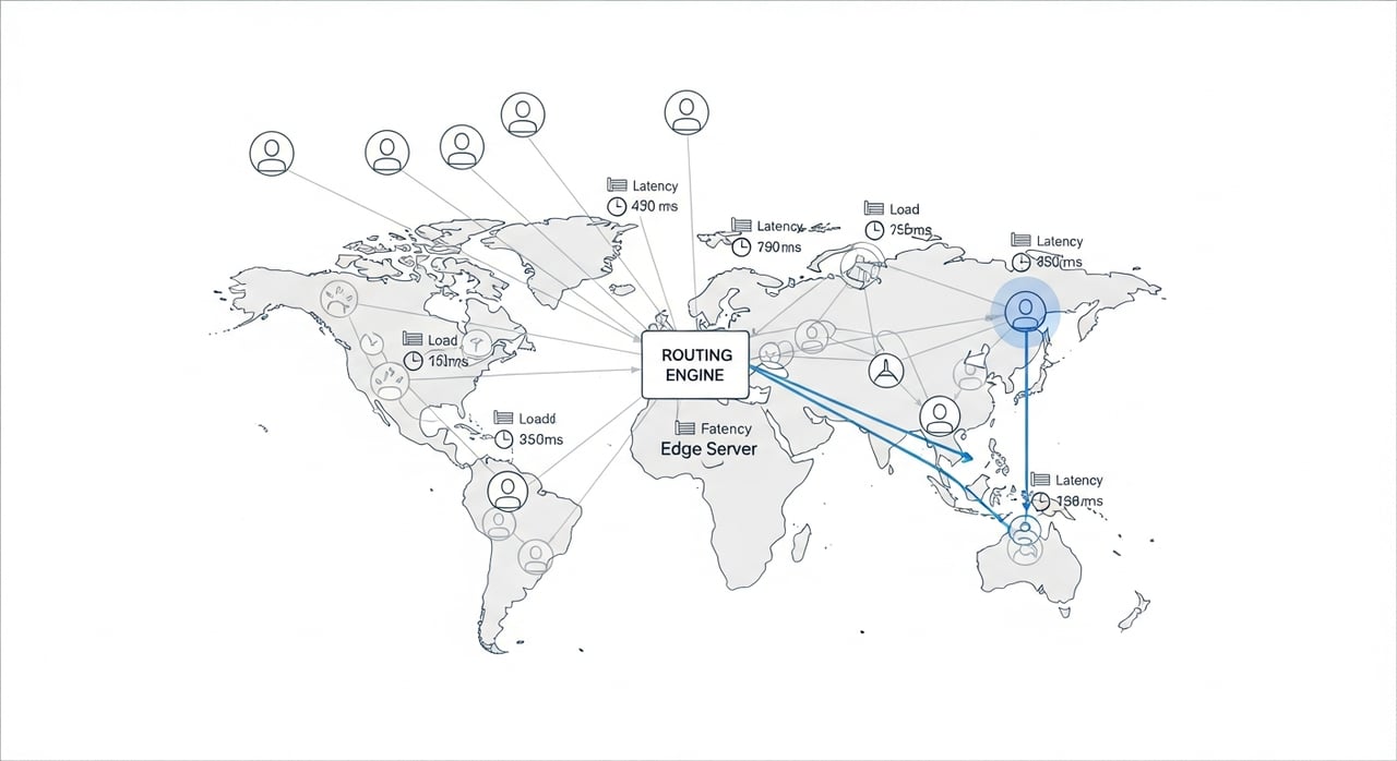 Diagram of advanced CDN routing algorithms and traffic steering methods in 2026