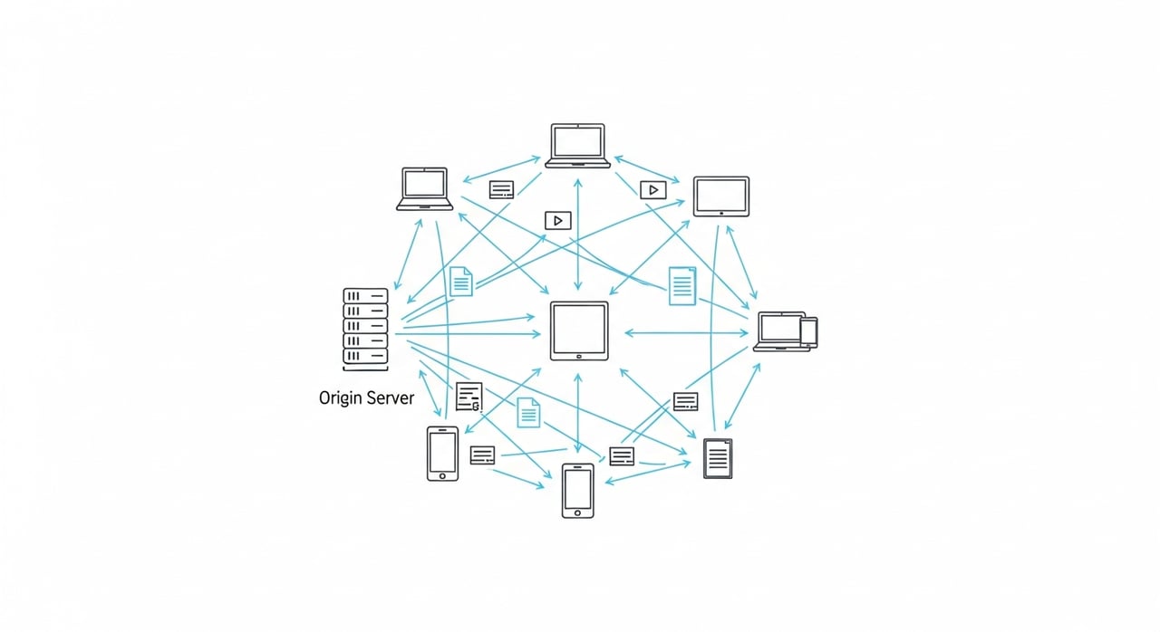 P2P CDN hybrid architecture diagram showing peer mesh alongside traditional edge servers
