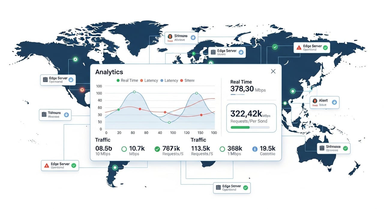 CDN monitoring and analytics dashboard showing real-time edge metrics in 2026