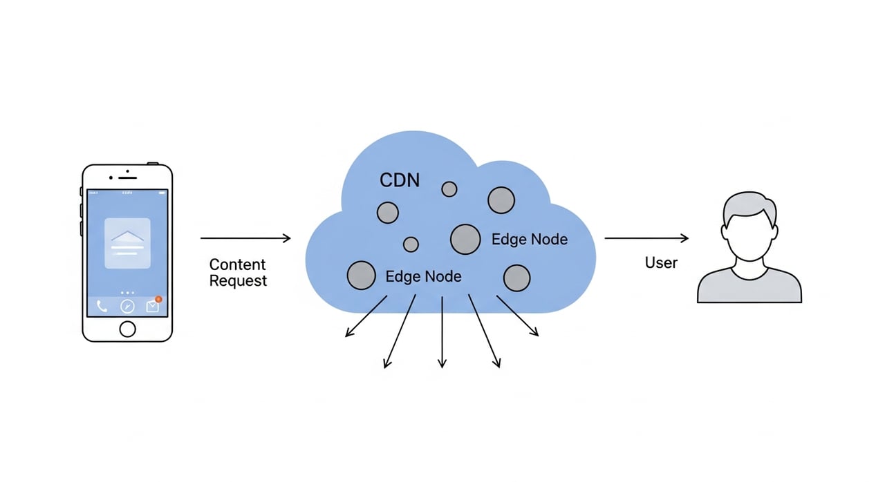 iOS CDN integration architecture diagram showing edge nodes, origin shield, and Background Assets flow