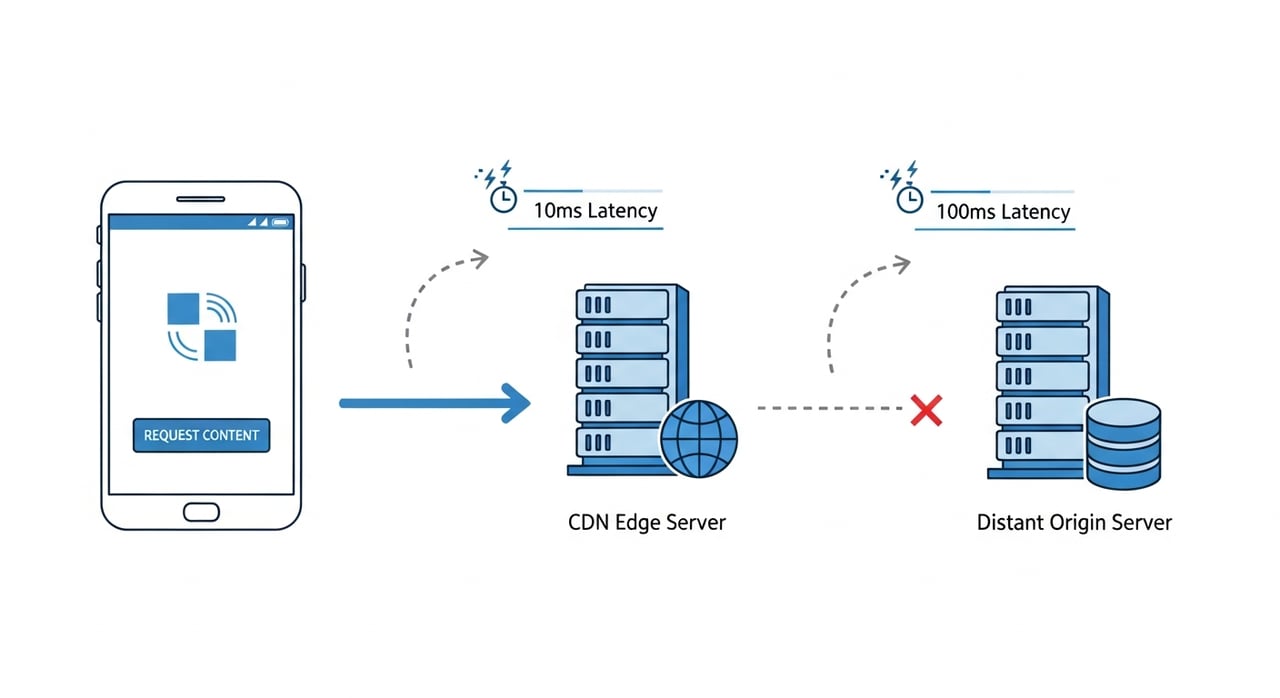 Mobile CDN architecture diagram showing edge nodes, protocol optimizations, and latency budget breakdown for mobile app acceleration in 2026