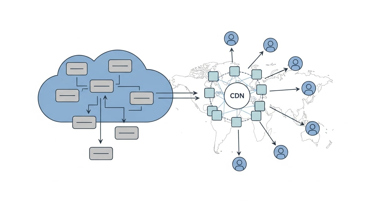 CDN for microservices architecture diagram showing edge caching, API response caching, and origin shielding across distributed services