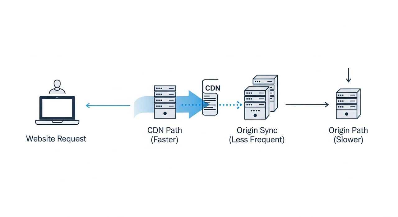 CDN performance optimization diagram showing edge nodes, origin shield, and cache-hit flow for website speed in 2026