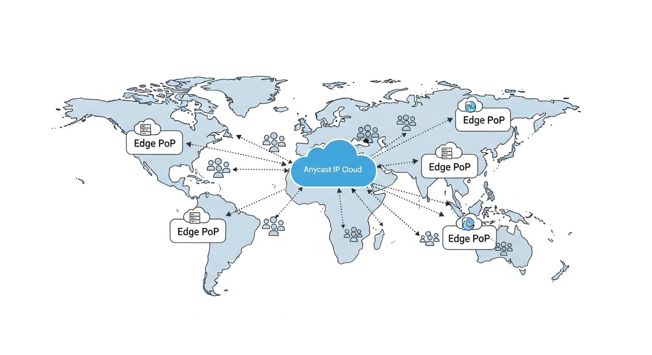 CDN architecture diagram showing anycast routing, PoP placement, and edge compute nodes